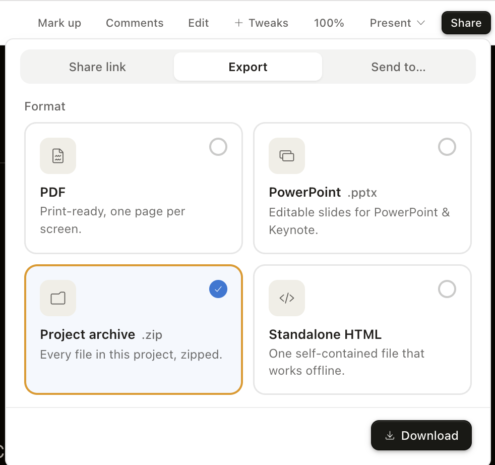 Exporting the package as a zip from Claude Design